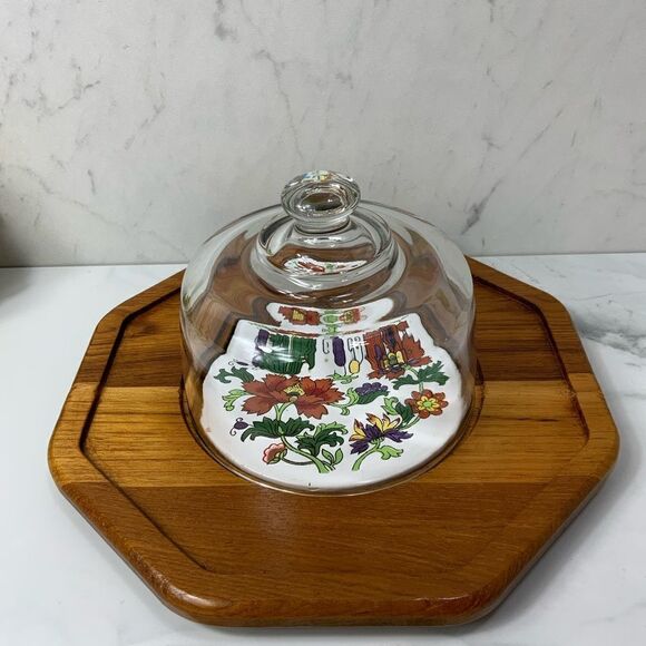 VINTAGE Dolphin Teakwood Cheese board with glass dome - Picture 1 of 5